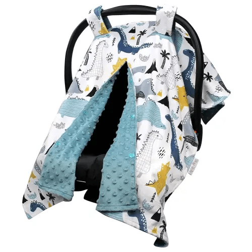 Baby Car Seat Canopy Cover - Dinosaur Jungle with Navy Blue Minky Dot