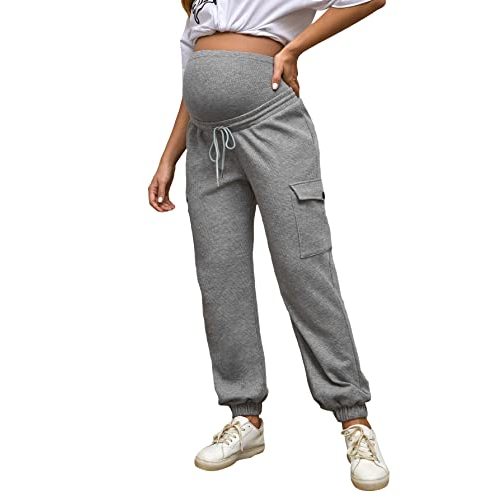 Floerns Women's Maternity Drawstring High Waist Solid Ripped Sweatpants