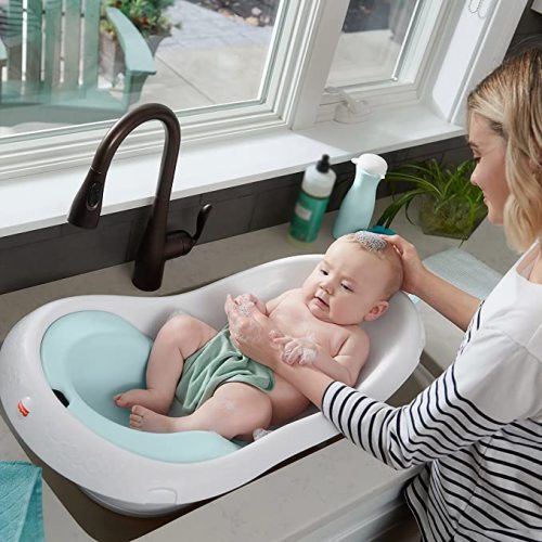 Fisher-Price Baby to Toddler Bath 4-in-1 Sling ‘n Seat Tub with Removable Infant Support and 2 Toys, Pacific Pebble