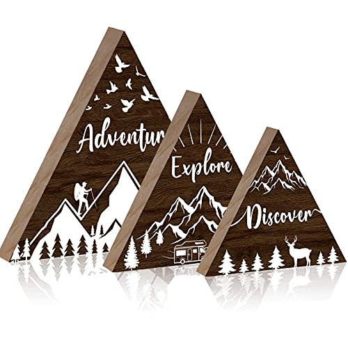 Jetec 3 Pcs 3 Size Wooden Mountain Shelf Decorations Woodland Adventure Travel Mountain Sign for Home Bedroom Bathroom Shelf Wall Rustic Farmhouse Table Centerpiece Decoration(Brown)