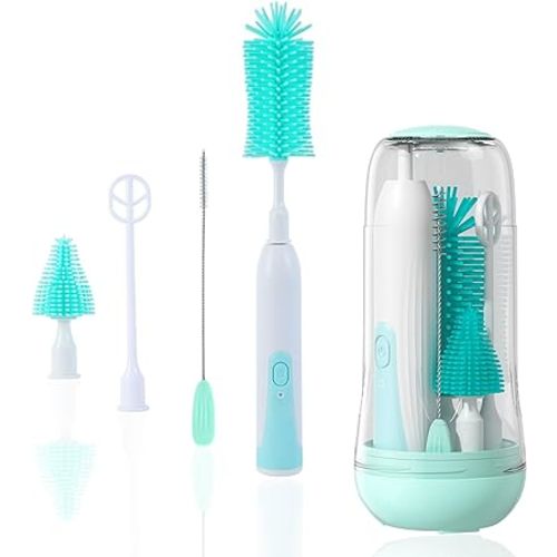 Electric Bottle Brush Cleaner, Electric Baby Bottle Brush Set Including Waterproof Bottle Cleaner, Nipple Brush, Straw Cleaner, Mixer, Bottle Drying Rack, Rechargeable,Two Cleaning Modes