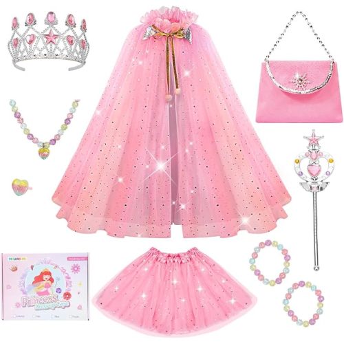Meland Princess Dress Up for Girls 3-8, Cape with Crown & Tutu, Birthday Gift for Toddler Girls, Pretend Play Toys for Kids