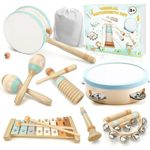 Toddler Musical Instruments-Musical Toys Wooden Montessori Toys for Toddlers 1-3 , Baby Musical Instruments with Modern Boho Xylophone Toddler Toys with Storage Bag for Kids Preschool Educational 3+