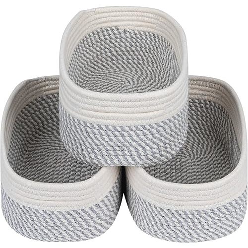 CubesLand Small Woven Storage Baskets for Shelves ,Closet Storage Bins for Shelves, Rope Baskets for Organizing, Baby Nursery Toy Organizers Basket, Empty Gift Basket 3 Packs Off White/Mixed Gray