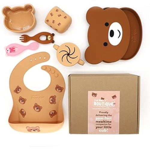 Baby Led Weaning Supplies - 7 PCS Teddy Bear Silicone Baby Feeding Set : Suction bowl, Baby utensils, Plate, Bib, Snack cup and Drinking cup - Perfect Complement for Nutribullet Baby