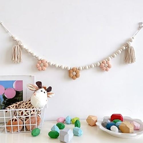 Boho Tassel Garland with Wooden Beads，for Home and Outdoor Decor， Daisy Wooden Tassel Garland Wall Hanging Decor Pastel Banner，Birthday Party