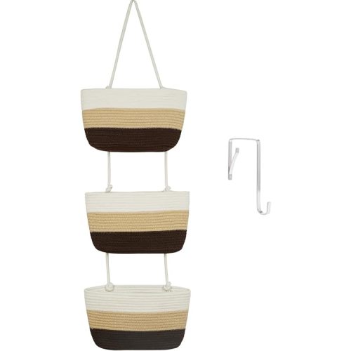 TeoKJ Over the Door Hanging Baskets, 3-Tier Woven Cotton Storage Organizer Bag Decorative Nursery Kitchen Baskets,Gradient Brown