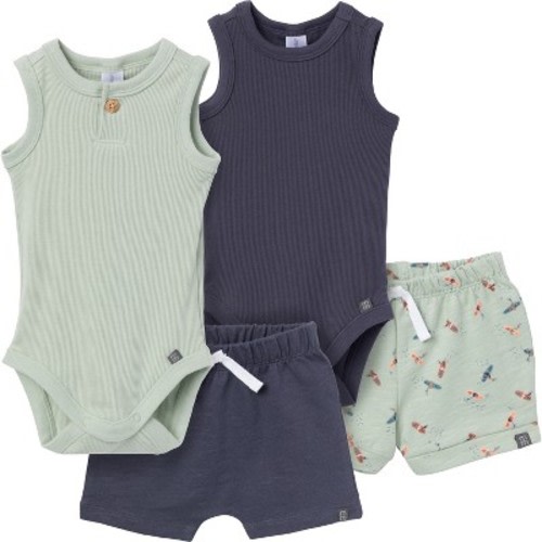 Modern Moments™ by Gerber Baby Boys' 4-Piece Bodysuit and Short Set, Green/Navy, 0-3 Months