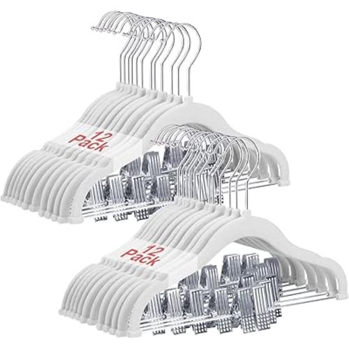 Baby Clothes Hangers with Clips, 24 Packs Kids Velvet Clothes Hangers, Heavy-Duty Childrens Hangers, Storage Organizer Clothing Hangers for Shirts, Pants, Skirts, Dresses, Jackets, Coat White