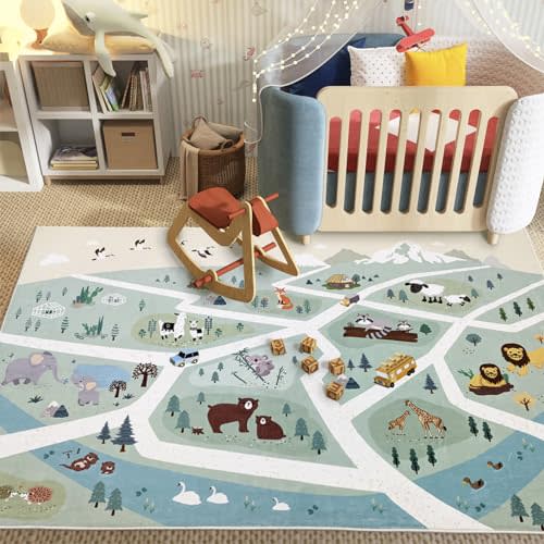 Lacomfy Kids Play Mat Zoo Animal Car Road Rug 6Ft Large Playroom Classroom Rug Adventure Area Rug for Boys Girls Children Educational Mat for Bedroom Nursery Decor, 4x6Ft, Green