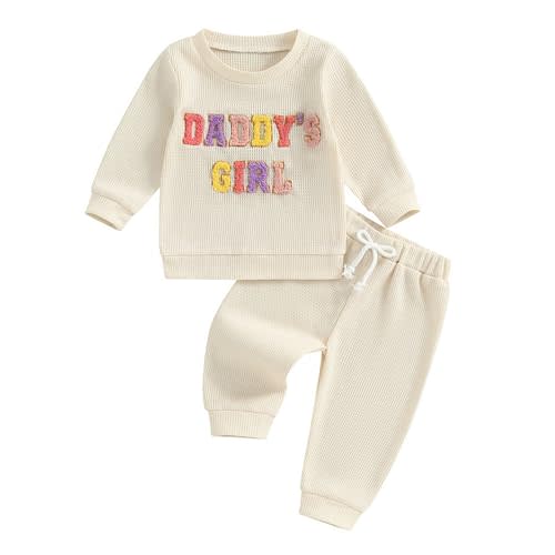 NZNDSHD Daddys Girls Baby Clothes Waffle Knit Mamas Girl Letter Embroidered Long Sleeve Sweatshirt Pants Set Fall Outfit