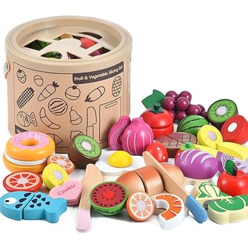 WHOHOLL Wooden Play Food for Kids Kitchen Playset, Play Kitchen Accessories Pretend Cutting Food Montessori Toys for 3+ Year Old with Basket, Toy Food for Fine Motor Skills