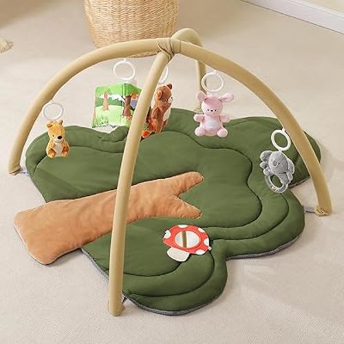 Baby Play Gym Mat, Woodland Tree-Shaped Tummy Time Mat with 6 Detachable Toys, Thick & Plush Play Mat for Babies 0-6 Months, Baby Activity Mat, Newborn Infant Baby Essentials Gift