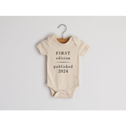 First Edition Published 2024 or 2025 Vintage Book Page Organic Baby Bodysuit • Modern Neutral Baby Outfit • Hand-Printed Bodysuit in Cream