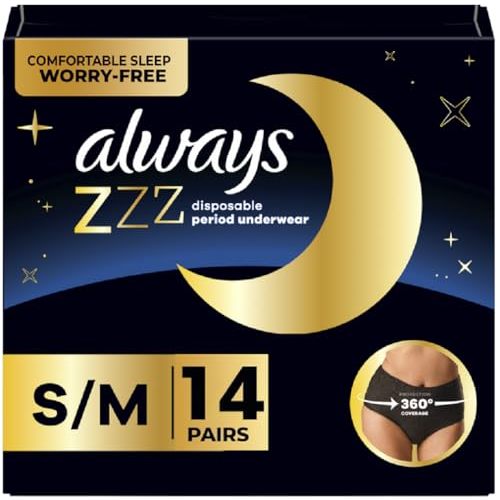 Always ZZZs Overnight Disposable Period Underwear for Women, Size S/M, Black Period Panties, Leakproof, 7 Count, Pack of 2 (14 Count Total)