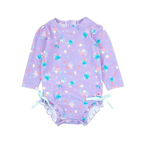 RuffleButts Baby Girls UPF 50+ Sun Protection Floral Printed Long Sleeve One Piece Rash Guard Swimsuit with Zipper