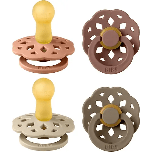 BIBS Boheme Soother 4-Pack. BPA Free Dummy Pacifier, Round Nipple. Natural Rubber Latex, Made in Denmark. 0-6 Months (Pack of 4), Peach Mix