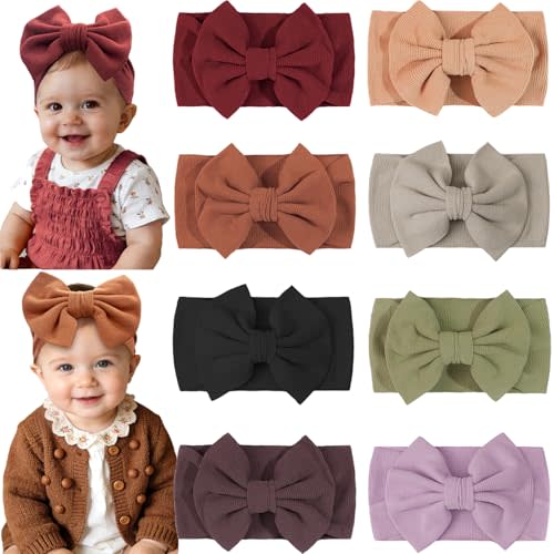 CÉLLOT 8 Colors Super Stretchy Soft Knot Baby Girl Headbands with Hair Bows Nylon Head Wrap For Newborn Baby Girls Infants Toddlers Kids(Fall and Winter)
