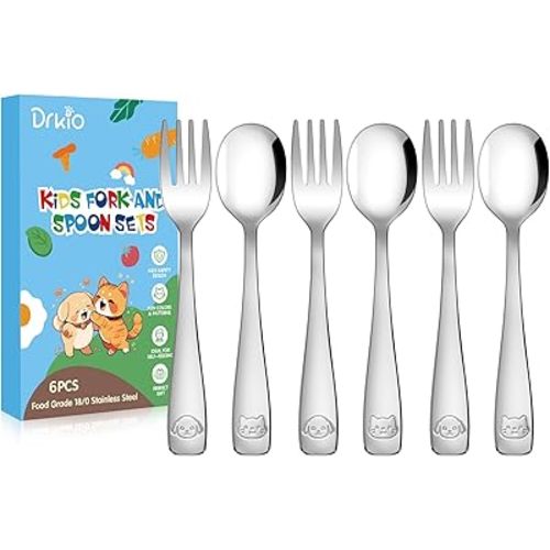 DRKIO Stainless Steel Toddler Utensils Set - 6 Pieces Kids Silverware Set Children Safe Food Grade Small Forks and Spoons Dishwasher Safe Mirror Polished