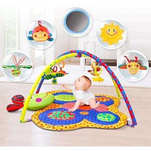 Baby Gym Play Mat, 6-in-1 Tummy Time Mat with 6 Toys, Washable Butterfly Baby Activity Play Mat for Visual, Hearing, Sensory, Motor Development, Baby Toys Gift for Toddler Infant 0-3-6-9-12 Months