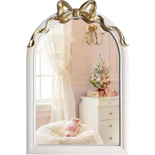 36x24 Arched White Bow Wall Mirror with Gold Ribbon, Vintage Vanity Mirror for Bedroom & Nursery Decor, Cute Coquette Aesthetic Engineered Wood Frame, Shabby Chic Style
