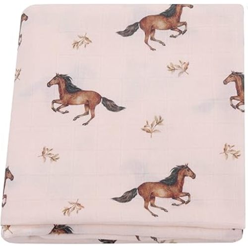 LifeTree Baby Swaddle Blankets, Muslin Swaddle Blankets Boys Girls Swaddling Wrap Receiving Blanket for Newborn, 70% Viscose Bamboo and 30% Cotton, Large 47" x 47", Horse Pattern
