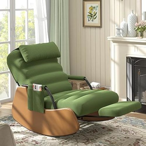 Polar Aurora Nursery Rocking Chairs with Soft Seat and Headrest,Corduroy Fabric Accent Chair with Side Pocket,Glider Rocking Chair for Bedroom/Living Room/Nursery. (Green/Brown)