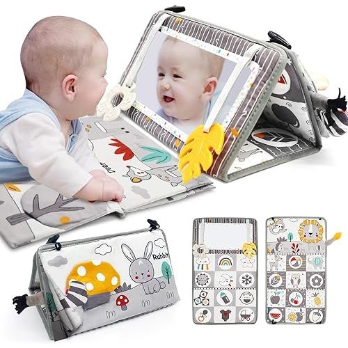 Tummy Time Mirror for Babies 0-6 Months Newborn Infant Baby Sensory Toys Brain Development with Crinkle Cloth Book and Teething Toy for Boy Girl Gifts Baby Newborn Essentials