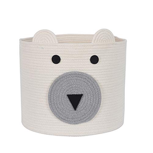 InfiBay Toy Storage Basket with Handles, Baby Basket with Cute Cartoon Design, Rope Basket Toy Storage, Bear Storage Bin, Baby Clothes Hamper, White Woven Basket, 16”(D) x 14”(H)