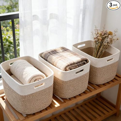 3 Pack Woven Rope Storage Baskets for Shelves,13.5"×11"×9.5" Storage Bins with Handles,Empty Gift Baskets,Nursery Organizer for Toys,Towels,Books,Closet,Living Room,Bedroom (White & Brown)