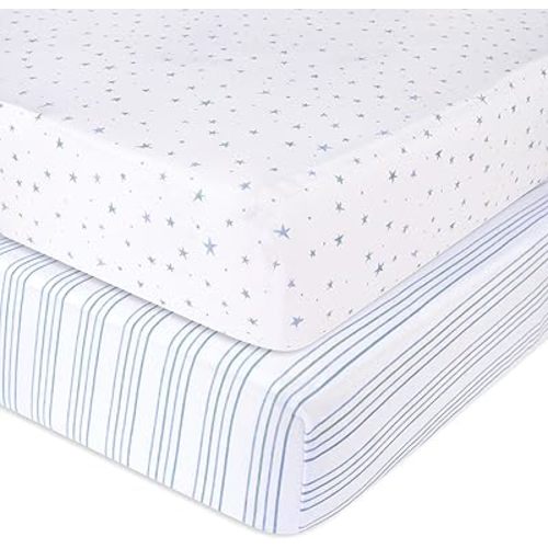 Ely’s & Co. Crib Sheets, Baby Boy Fitted Crib Mattress Sheet Set, 2 Pack, 100% Jersey Knit Cotton, Infant and Toddler Nursery Bedding, Blue Stars + Stripes Print, 28” x 52”