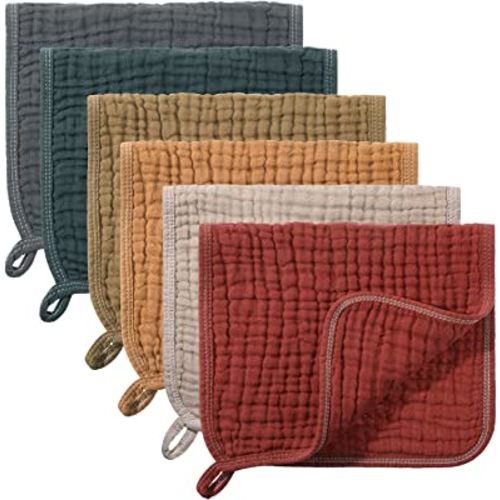 6 Pcs Muslin Burp Cloths Pure Cotton Baby Burping Rags 20 x 10 Inch 6 Layers Spit up Rags Neutral Large Soft Absorbent Multicolor Muslin Washcloths Diapers for Newborn Girl Boy (Dark Color Series)