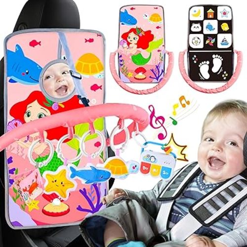 Musical Baby Car Seat Toys, Double Sided Carseat Toys Hanging with 5 Sensory Toys, Car Seat Toys for Babies Infants 6-12 Months Boys Girls (Pink)