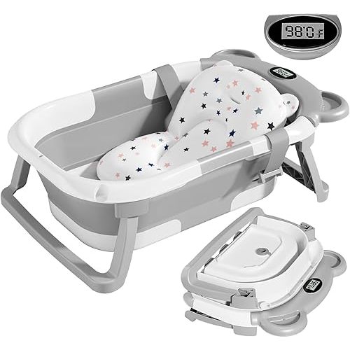 TPN Collapsible Baby Bathtub for Infants to Toddler with Real-time Temp Monitor+Floating Cushion,Foldable Baby Bath Tub Set Applicable 0-36 Month,Perfect Portable Travel Baby Tub for Newborns Boy