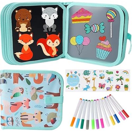 Erasable Doodle Set for Kids - Reusable Magic Drawing Book with 12 Watercolor Pens 14 Page Drawing, Road Trip Car Game Writing Painting Set for Boys and Girls (Foxes)