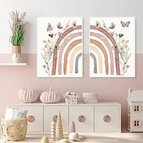 Boho Rainbow Wall Art Canvas Pink Wildflowers Rainbow Boho Nursery Wall Decor Cute Wildflower Nursery Decor Artworks Boho Nursery Decor for Classroom Boho Rainbow Nursery Decor Posters Set of 2 12*16