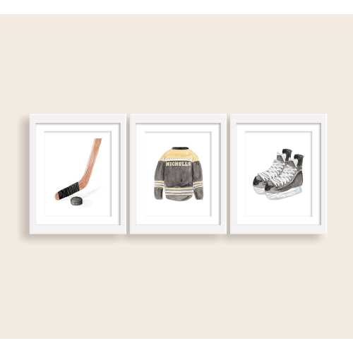 Custom Hockey Watercolor Nursery Art | Hockey Stick, Puck, Jersey, Skates Nursery Wall Art | Boy Hockey Nursery | Boy Nursery Art