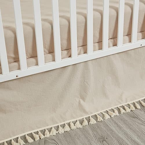 Brandream Crib Bed Skirt for Baby Girls Boys Beige Boho Bohemian Solid Cotton Toddler Bedskirt Farmhouse Chic Ruffle Minimalist Tassel Fringe Macrame