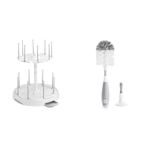Munchkin High Capacity Drying Rack for 16 Bottles and Bristle Bottle Brush with Suction Cup Base, Grey