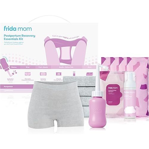 Frida Mom Postpartum Recovery Essentials Kit, Includes Disposable Underwear, Instant Ice Maxi Pads, Perineal Healing Foam, Perineal Healing Pad Liners and Upside Down Peri Bottle (11pc Gift Set)