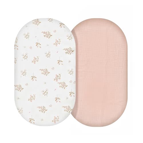 JIUNIMETEIC Muslin Bassinet Sheets, Baby Boy and Baby Girl Sheets, Soft Breathable Stretchy Baby Pad/Sheet Set, Universal for Any Mattress, Rectangle, Oval, Hourglass,33''x17''2 Pack (Floral, Pink