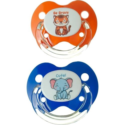 Playtex Baby Binky Orthodontic Pacifier with Snap-On Cover, Air Comfort Shield, Medical Grade Silicone, Blue & Orange, 2 Count