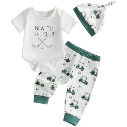 Newborn Baby Boy Golf Outfit Short Sleeve New To The Club Romper Onesie Pants Hat 3Pcs Cute Infant Summer Clothes