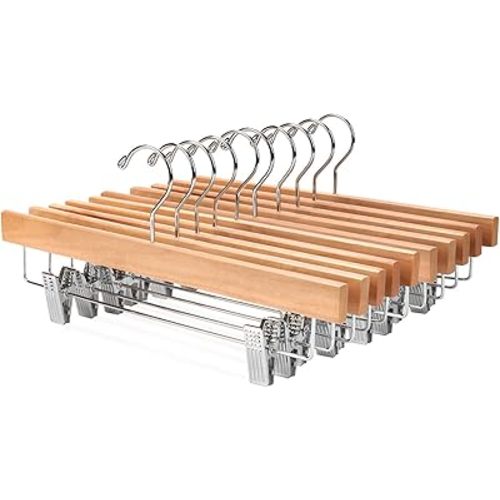 Nature Smile Solid Lotus Wood Deluxe Wooden Pants Hangers Bottom Hanger Jeans Hanger Skirt Hanger with 2-Adjustable Clips Anti-Rust Hook Pack of 10 (Natural)