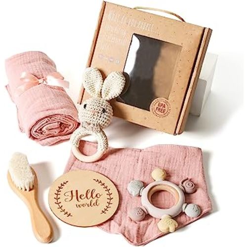 YOUUYS Baby Gift Set for Newborn - Baby Essential Bath Basket Easter Gift Set with Baby Blanket Baby Rattle Teether Toy & Hair Brush Newborn Shower Gift for Easter Day Baby Girls Boys 6PCS (Bunny)