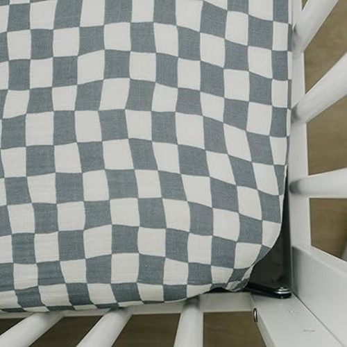 Dusty Blue Wavy Checkered Muslin Crib Sheet by Mebie Baby, Soft and Breathable Bed Sheets for Babies, Modern Neutral Bedding for Cribs, Standard Crib Mattress Fitted Sheet, Great for Boy or Girl Room