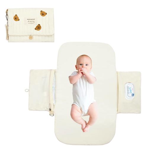 Portable Diaper Changing Pad, with, for Newborn Girl & Boy with Smart Wipes Pocket, Easy-Clean, Waterproof, Soft, Comfortable Foldable Baby Changing Pad (Bear)