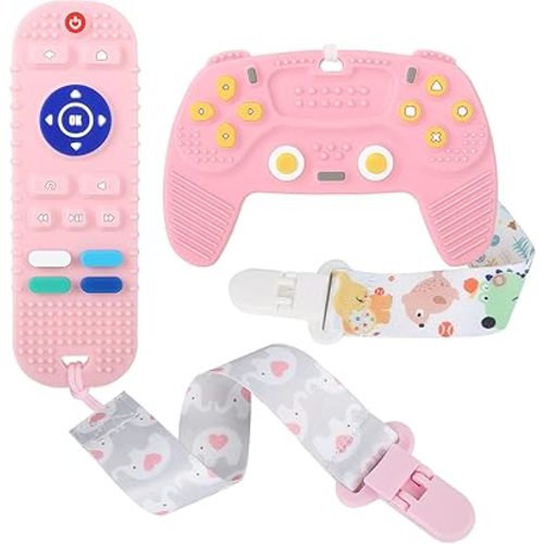 Remote Teether for Baby, 2Pcs Silicone Teething Toys for Infant Toddler 0-12 Months, Game Control Chew Gel Gifts for Newborn Kids/Boy/Girl, BPA Free Freezable Relief Molars Gums Pain