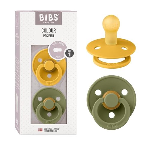 BIBS Colour Pacifier 2-Pack, BPA Free Dummy Binky, Round Nipple. Natural Rubber Latex, Made in Denmark, Size 1 (0-6 Months), Mushroom/Breeze