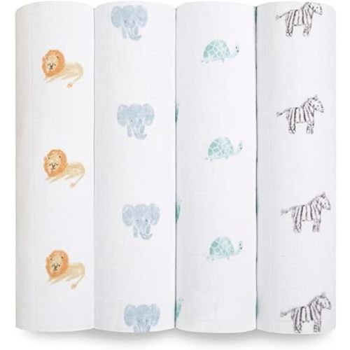aden + anais Swaddle Blanket, 100% Organic Cotton Muslin Blankets for Girls & Boys, Baby Receiving Swaddles, Ideal Newborn & Infant Swaddling Set, 4 Pack, Animal Kingdom